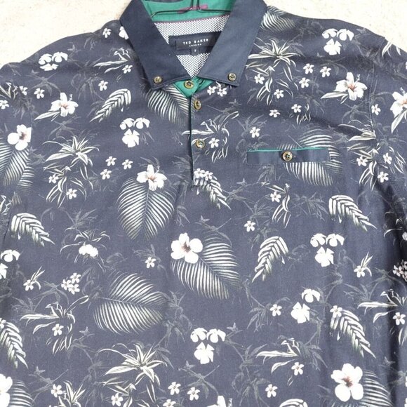 Ted Baker Polo Shirt 2XL Blue Floral All Over Print Button Down Pocket - Picture 1 of 8